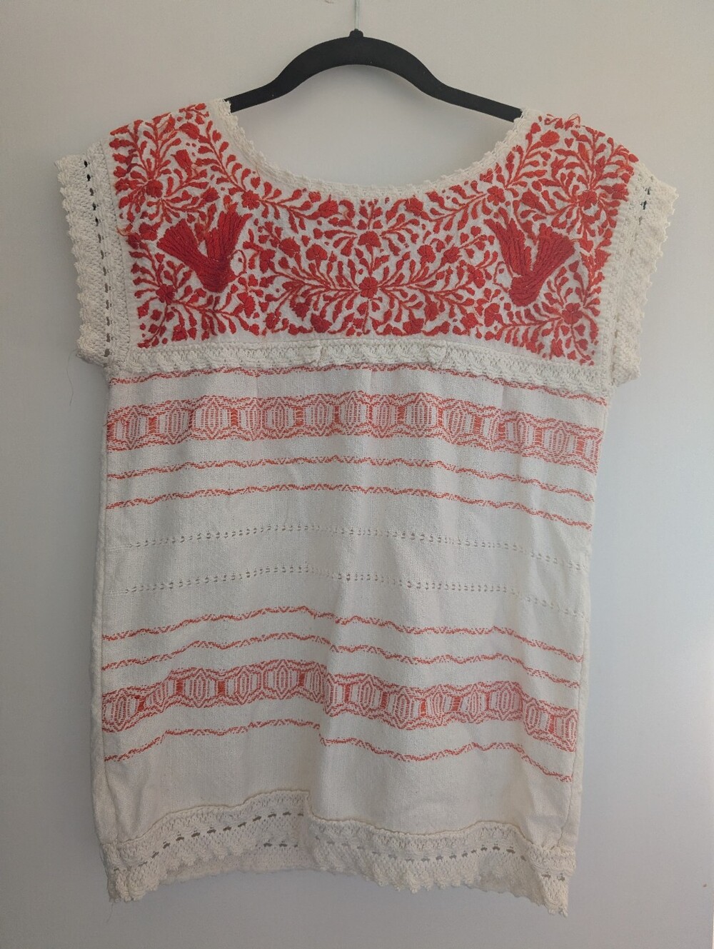 Embroidered Cotton Huipil - Orange on Cream